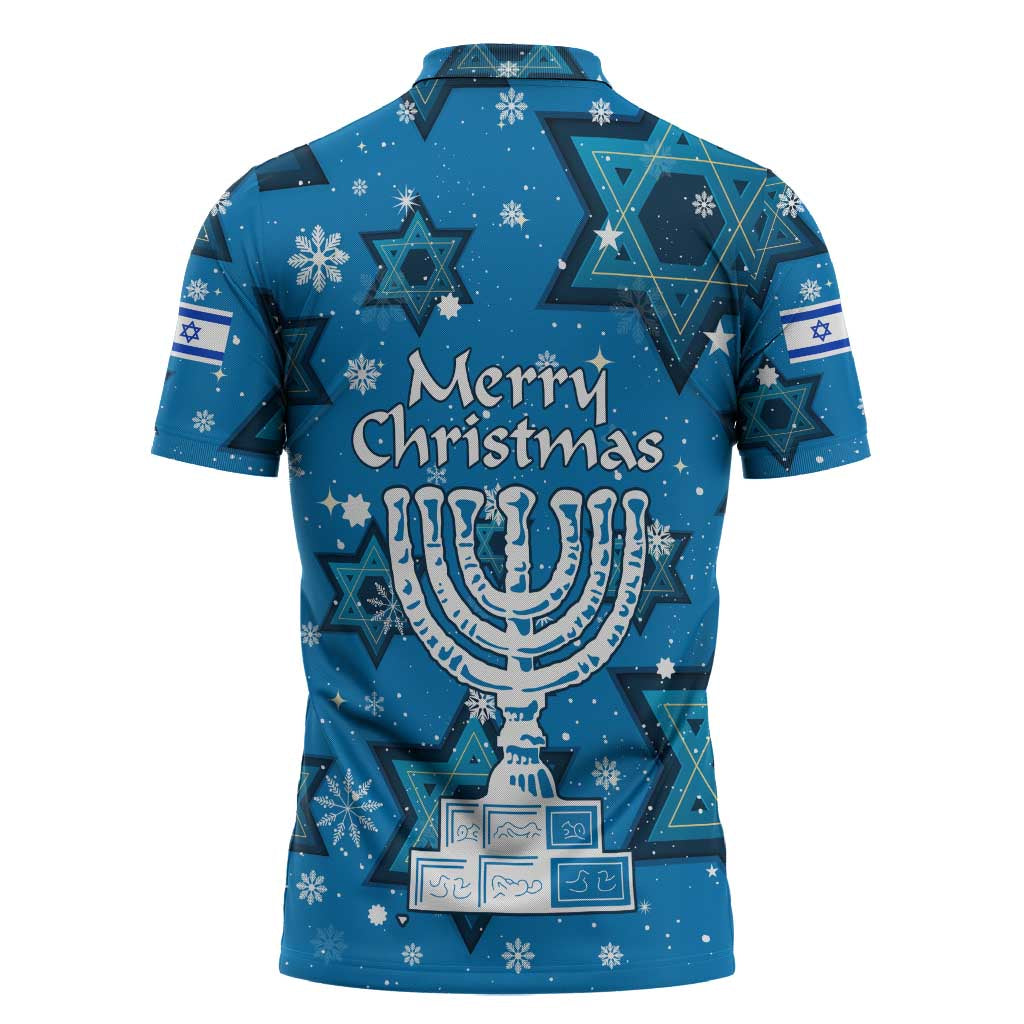Israel Christmas Zipper Polo Shirt with Blue Star of David Pattern and Menorah Motif - Wonder Print Shop