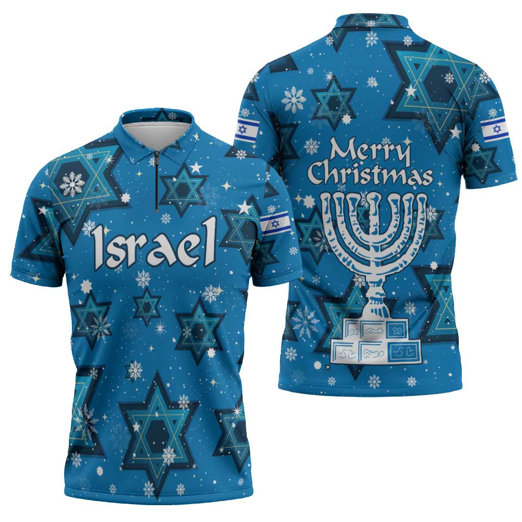 Israel Christmas Zipper Polo Shirt with Blue Star of David Pattern and Menorah Motif - Wonder Print Shop