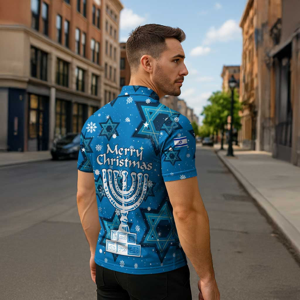 Israel Christmas Zipper Polo Shirt with Blue Star of David Pattern and Menorah Motif - Wonder Print Shop