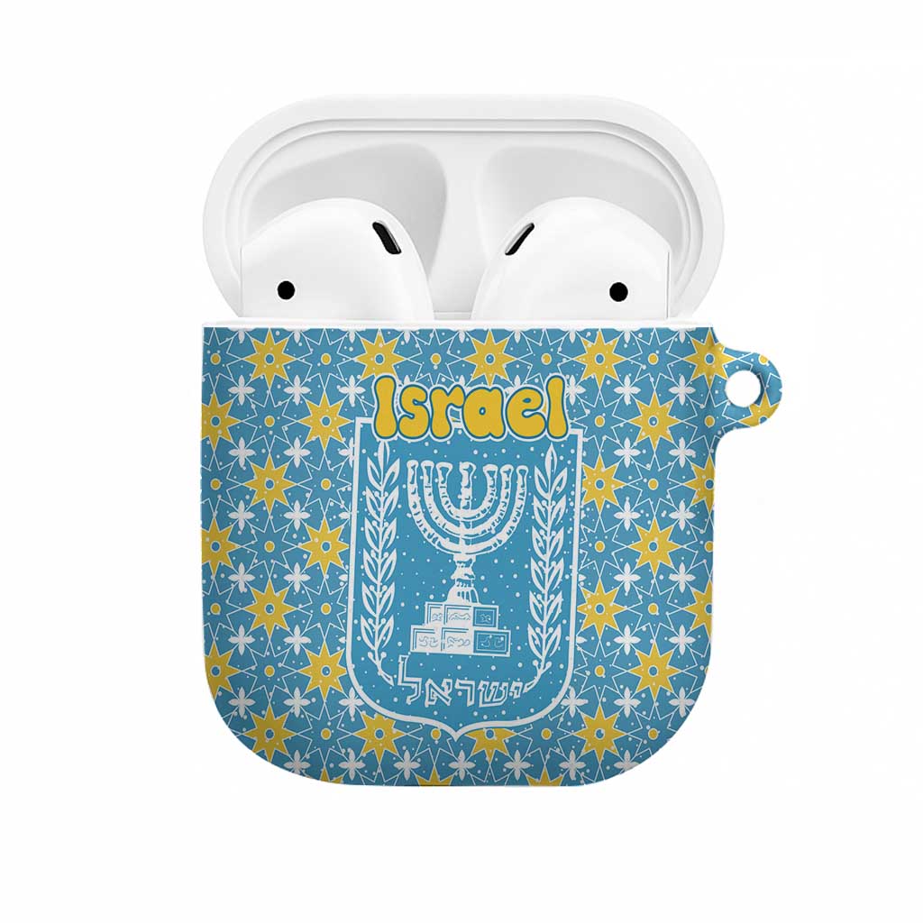 Israel Christmas AirPods Case with Blue-Yellow Star Pattern, Menorah, and Santa Motif - Wonder Print Shop