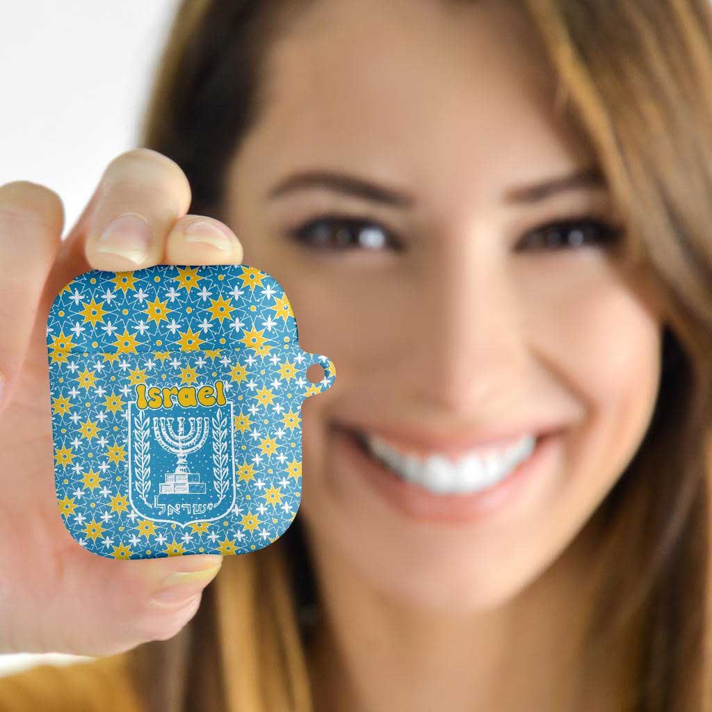Israel Christmas AirPods Case with Blue-Yellow Star Pattern, Menorah, and Santa Motif - Wonder Print Shop