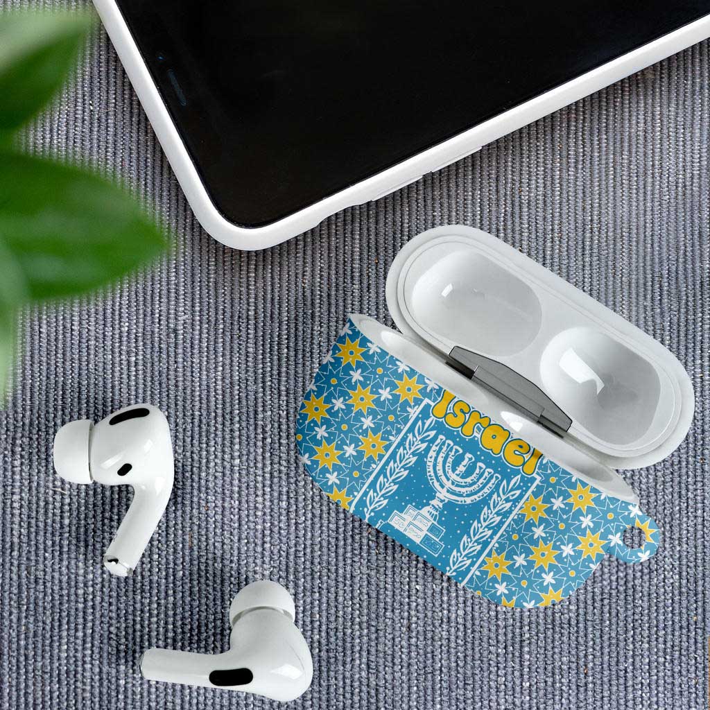 Israel Christmas AirPods Case with Blue-Yellow Star Pattern, Menorah, and Santa Motif - Wonder Print Shop