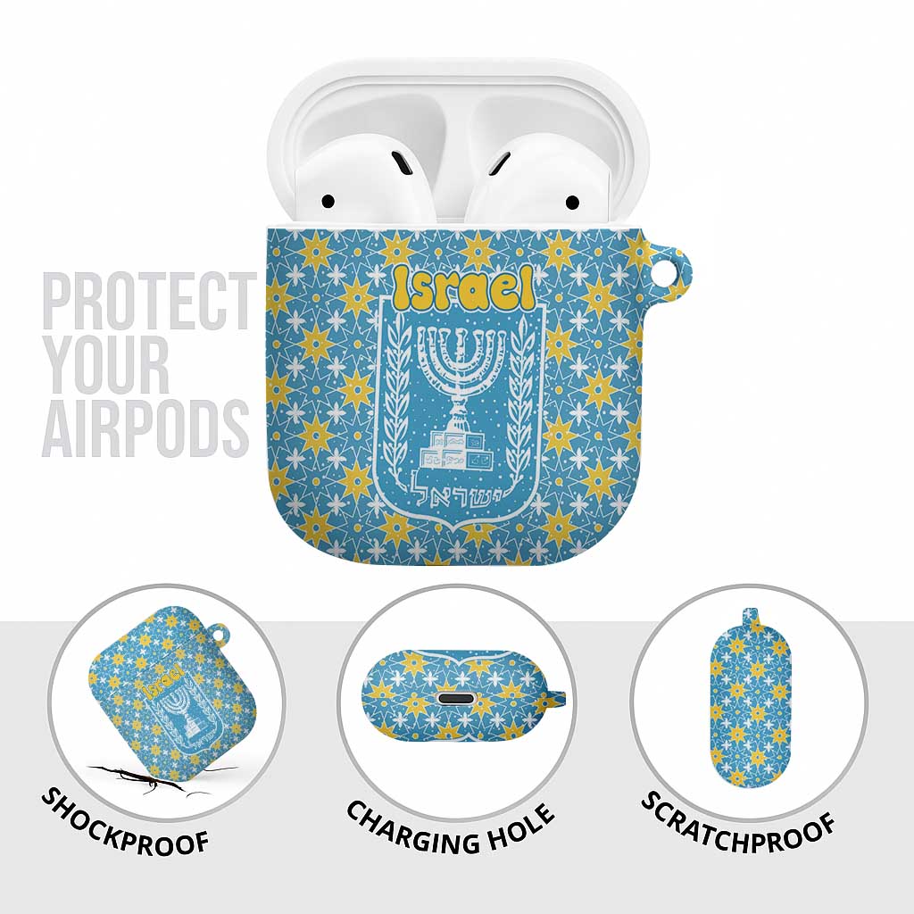 Israel Christmas AirPods Case with Blue-Yellow Star Pattern, Menorah, and Santa Motif - Wonder Print Shop