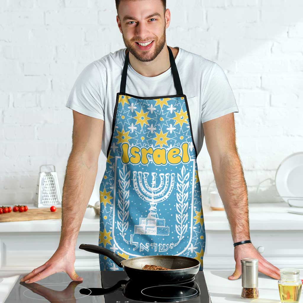 Israel Christmas Apron with Blue-Yellow Star Pattern, Menorah, and Santa Motif - Wonder Print Shop