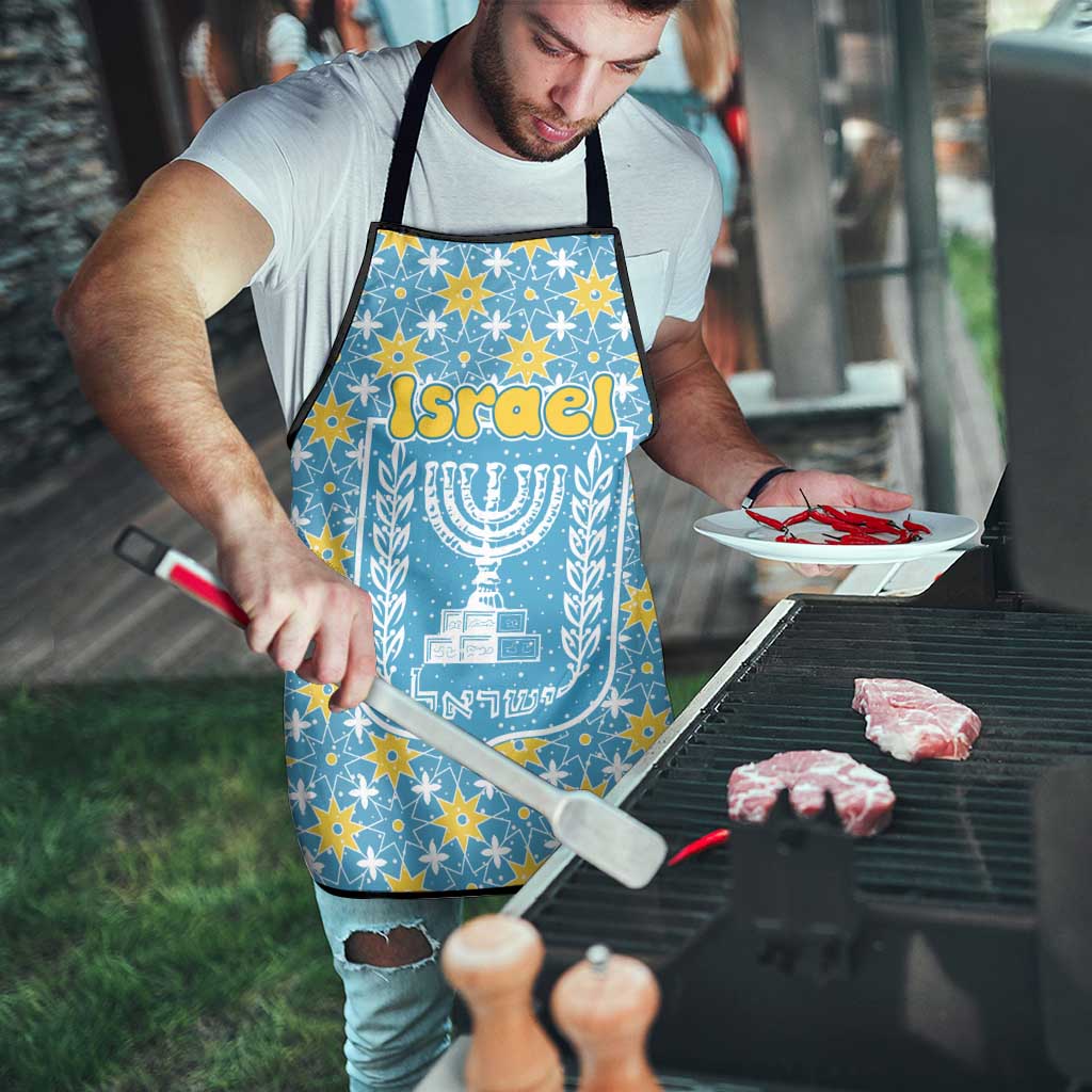 Israel Christmas Apron with Blue-Yellow Star Pattern, Menorah, and Santa Motif - Wonder Print Shop