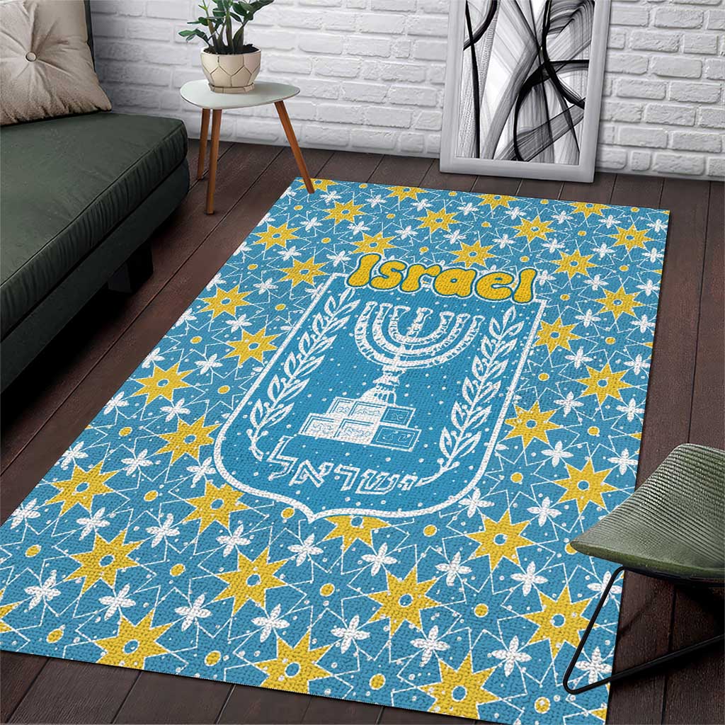 Israel Christmas Area Rug with Blue-Yellow Star Pattern, Menorah, and Santa Motif - Wonder Print Shop