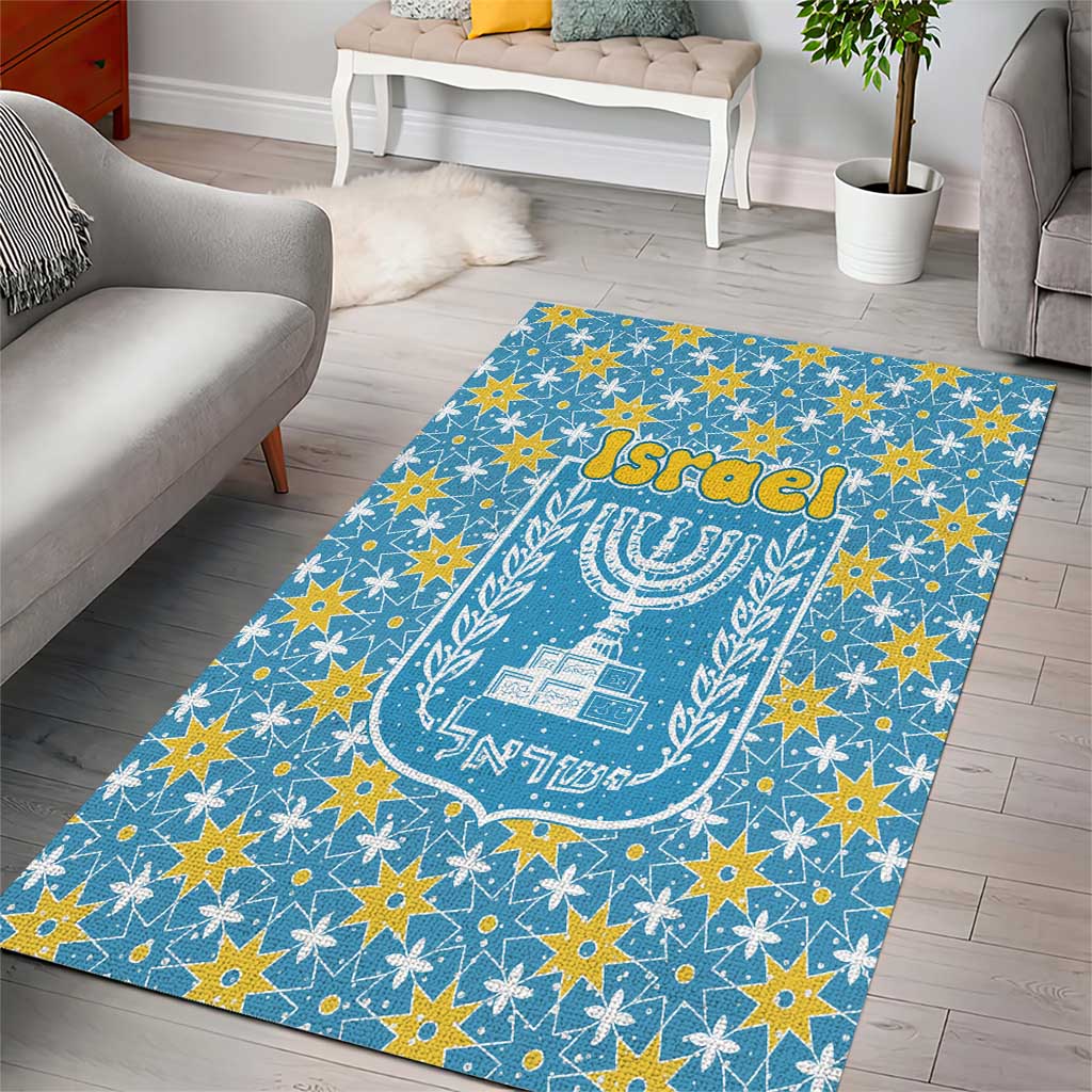 Israel Christmas Area Rug with Blue-Yellow Star Pattern, Menorah, and Santa Motif - Wonder Print Shop