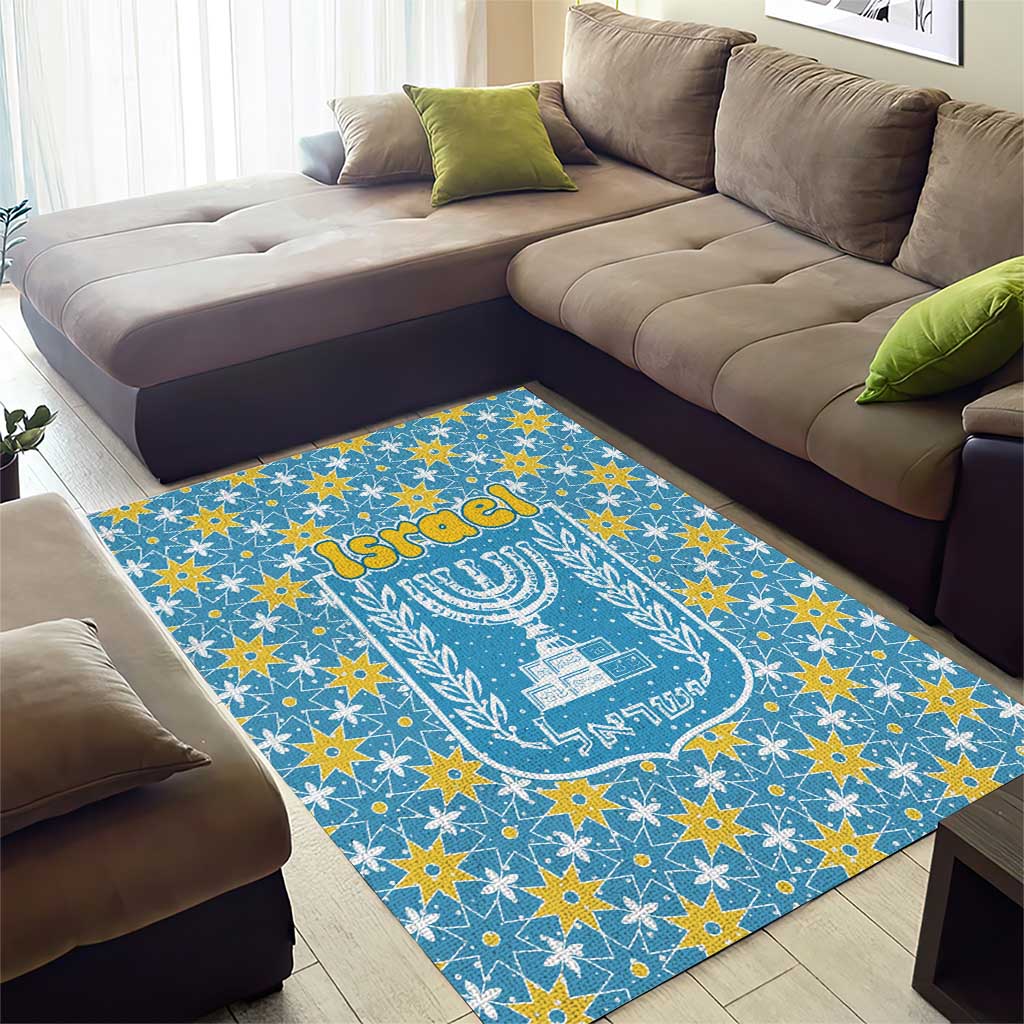 Israel Christmas Area Rug with Blue-Yellow Star Pattern, Menorah, and Santa Motif - Wonder Print Shop