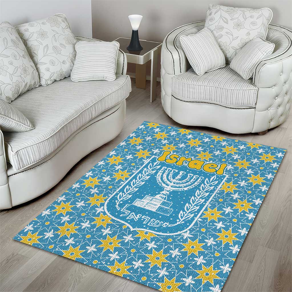 Israel Christmas Area Rug with Blue-Yellow Star Pattern, Menorah, and Santa Motif - Wonder Print Shop