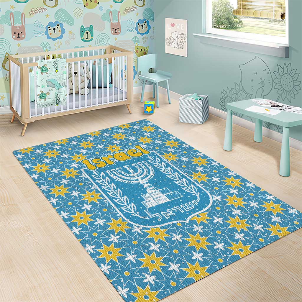 Israel Christmas Area Rug with Blue-Yellow Star Pattern, Menorah, and Santa Motif - Wonder Print Shop