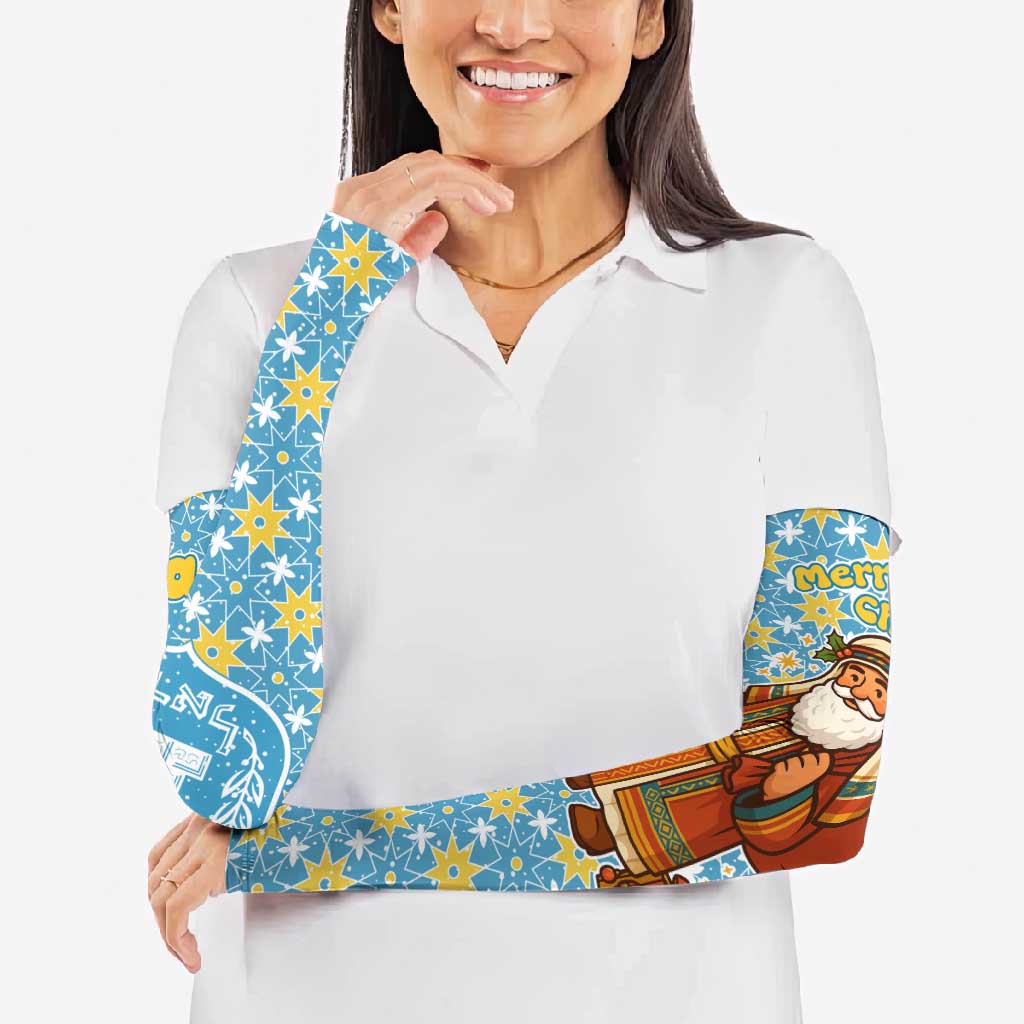 Israel Christmas Arm Sleeves with Blue-Yellow Star Pattern, Menorah, and Santa Motif - Wonder Print Shop