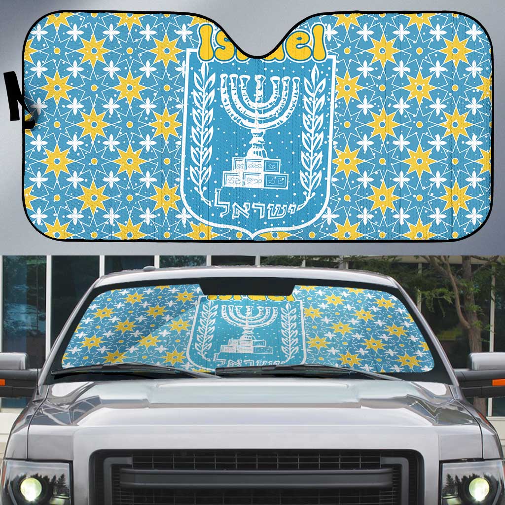 Israel Christmas Auto Sun Shade with Blue-Yellow Star Pattern, Menorah, and Santa Motif - Wonder Print Shop
