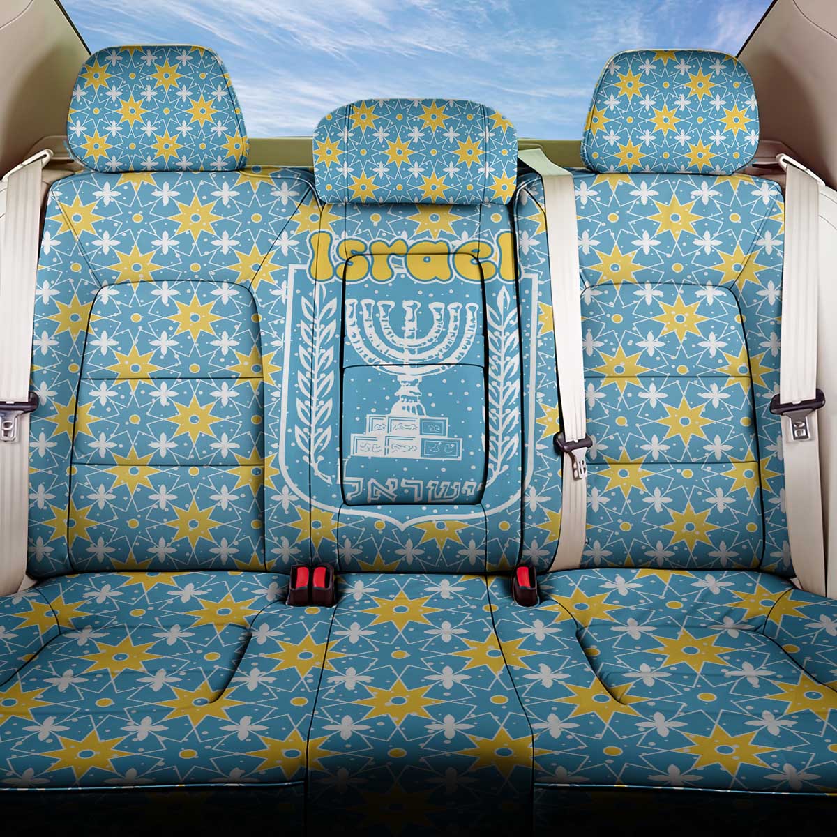 Israel Christmas Back Car Seat Cover with Blue-Yellow Star Pattern, Menorah, and Santa Motif - Wonder Print Shop