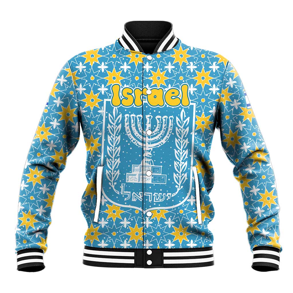 Israel Christmas Baseball Jacket with Blue-Yellow Star Pattern, Menorah, and Santa Motif - Wonder Print Shop