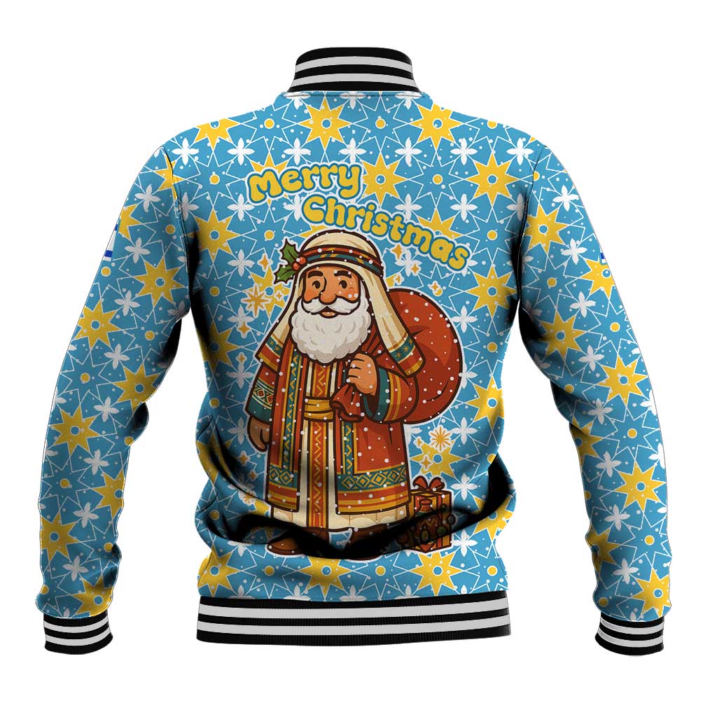 Israel Christmas Baseball Jacket with Blue-Yellow Star Pattern, Menorah, and Santa Motif - Wonder Print Shop