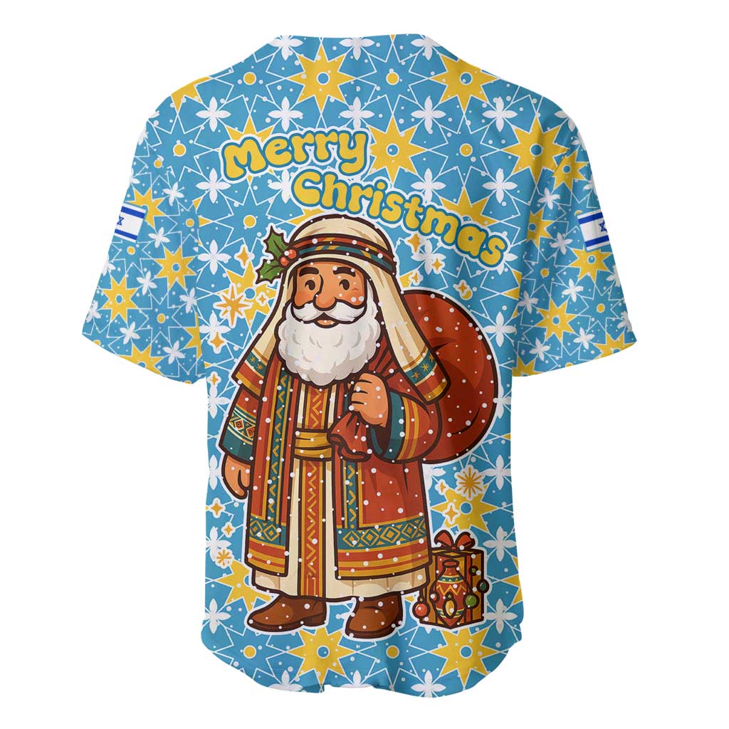 Israel Christmas Baseball Jersey with Blue-Yellow Star Pattern, Menorah, and Santa Motif - Wonder Print Shop