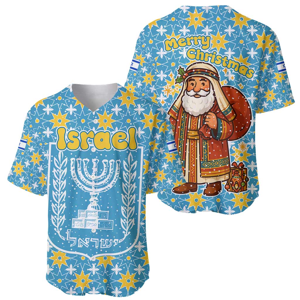 Israel Christmas Baseball Jersey with Blue-Yellow Star Pattern, Menorah, and Santa Motif - Wonder Print Shop