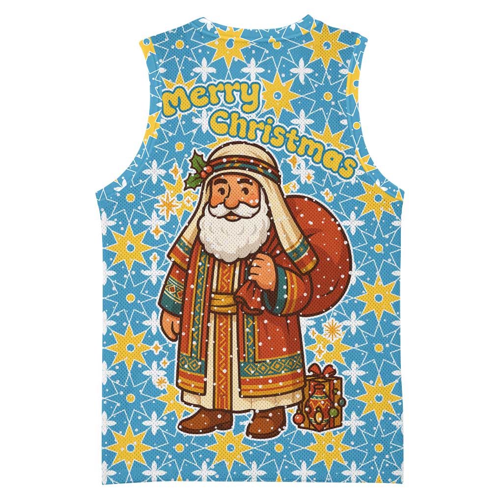 Israel Christmas Basketball Jersey with Blue-Yellow Star Pattern, Menorah, and Santa Motif - Wonder Print Shop