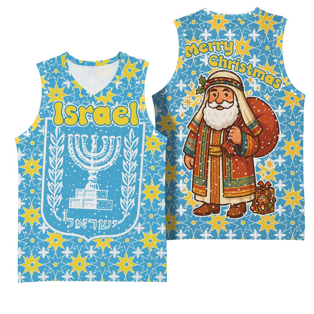 Israel Christmas Basketball Jersey with Blue-Yellow Star Pattern, Menorah, and Santa Motif - Wonder Print Shop