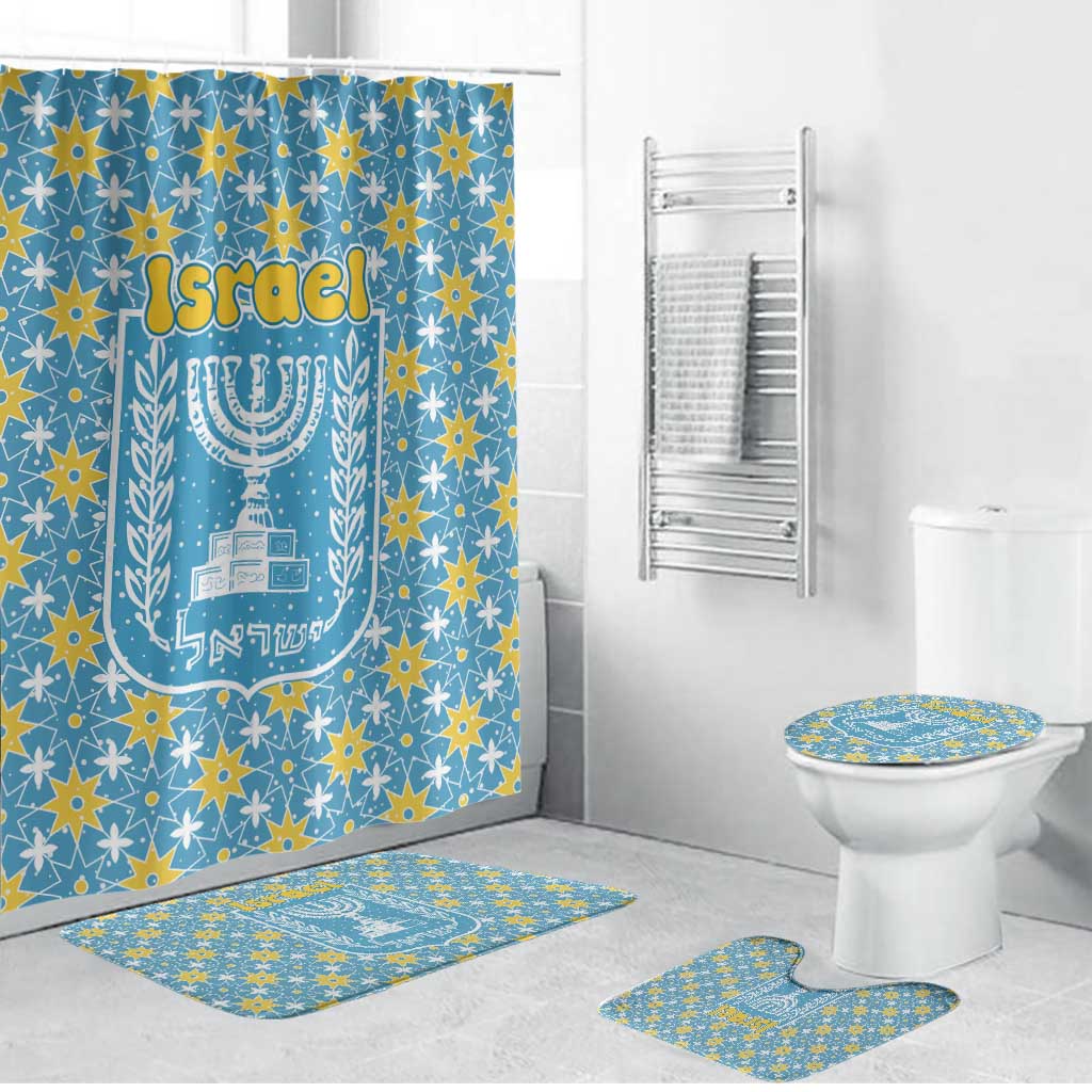 Israel Christmas Bathroom Set with Blue-Yellow Star Pattern, Menorah, and Santa Motif - Wonder Print Shop