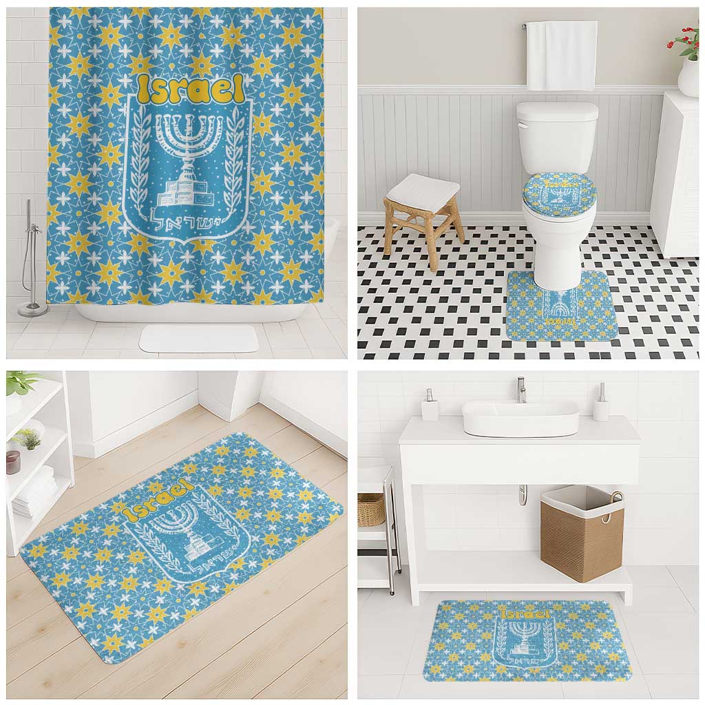 Israel Christmas Bathroom Set with Blue-Yellow Star Pattern, Menorah, and Santa Motif - Wonder Print Shop