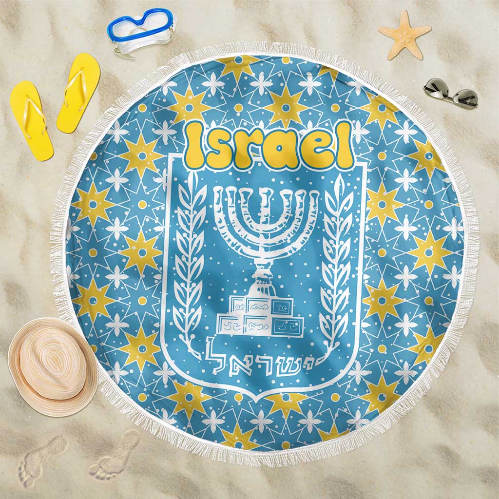 Israel Christmas Beach Blanket with Blue-Yellow Star Pattern, Menorah, and Santa Motif - Wonder Print Shop