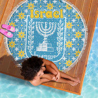 Israel Christmas Beach Blanket with Blue-Yellow Star Pattern, Menorah, and Santa Motif - Wonder Print Shop