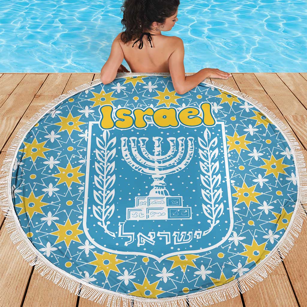 Israel Christmas Beach Blanket with Blue-Yellow Star Pattern, Menorah, and Santa Motif - Wonder Print Shop