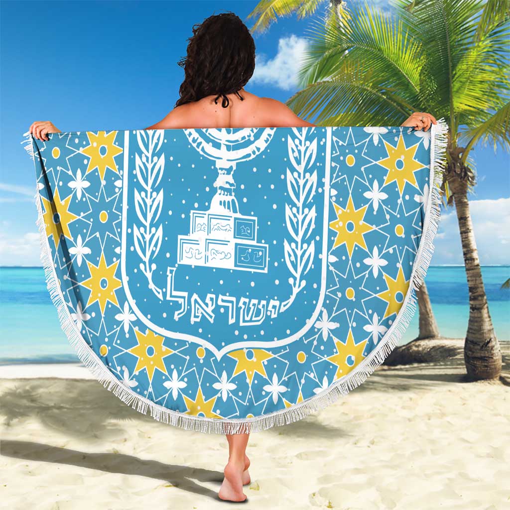 Israel Christmas Beach Blanket with Blue-Yellow Star Pattern, Menorah, and Santa Motif - Wonder Print Shop