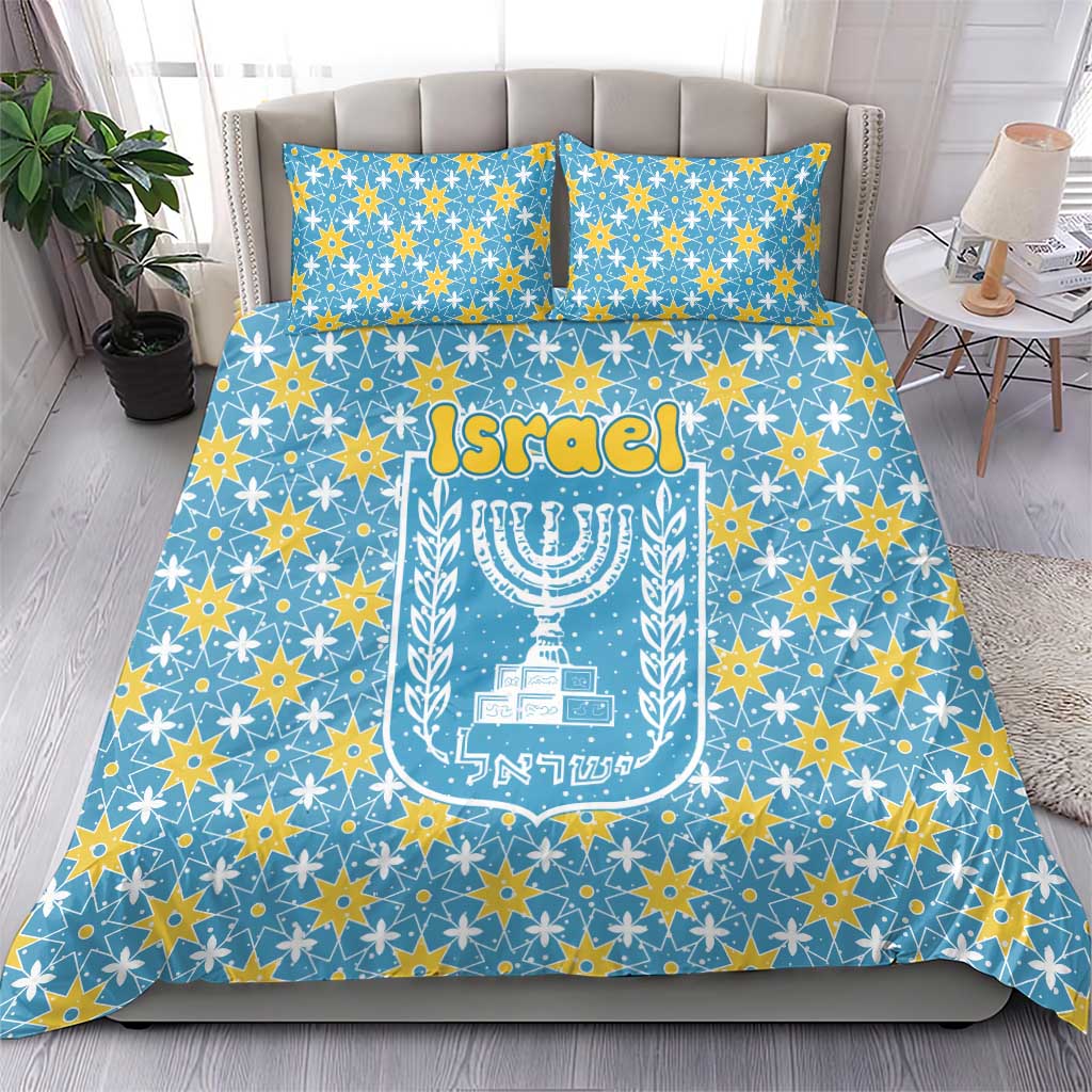 Israel Christmas Bedding Set with Blue-Yellow Star Pattern, Menorah, and Santa Motif - Wonder Print Shop