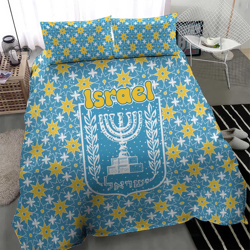 Israel Christmas Bedding Set with Blue-Yellow Star Pattern, Menorah, and Santa Motif - Wonder Print Shop