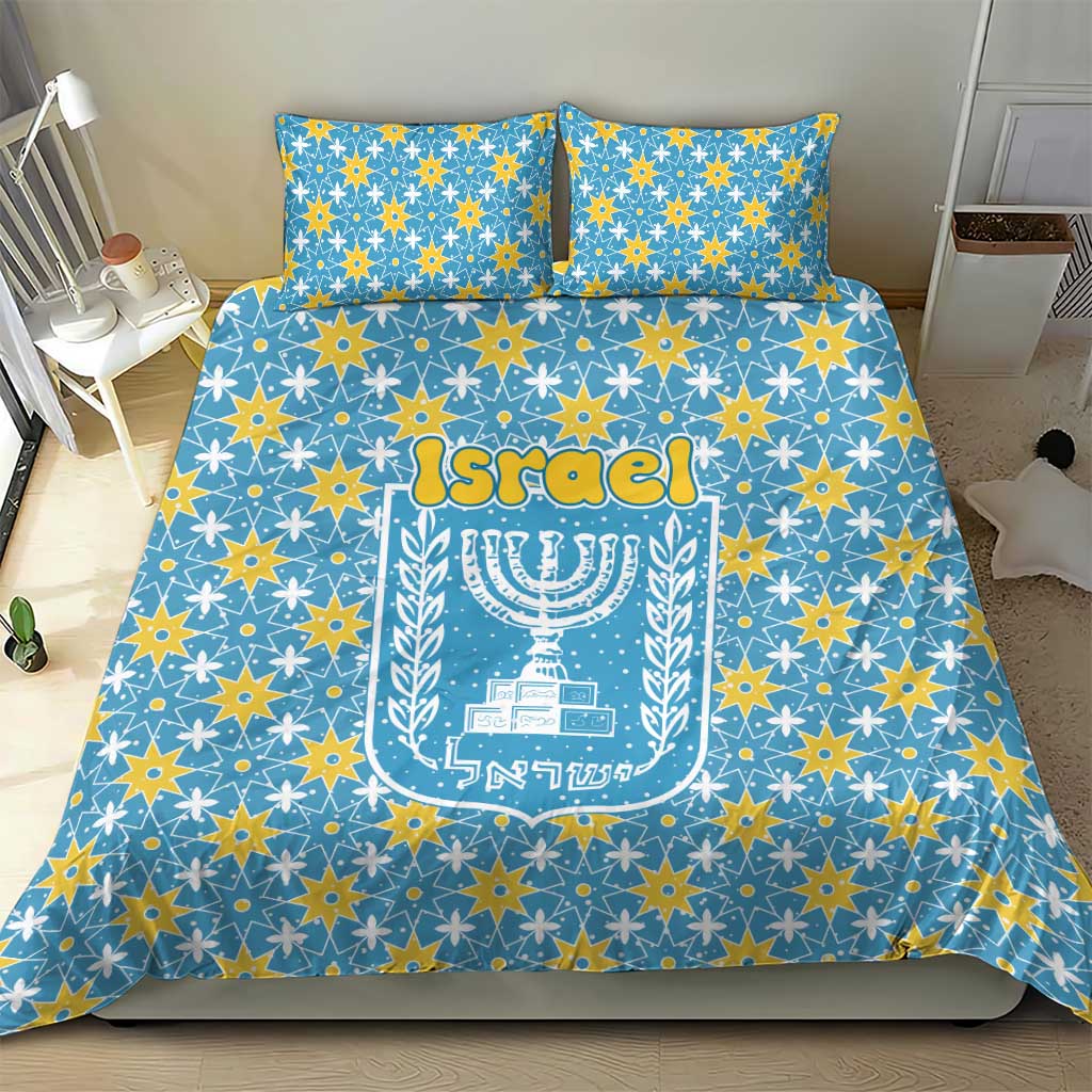 Israel Christmas Bedding Set with Blue-Yellow Star Pattern, Menorah, and Santa Motif - Wonder Print Shop