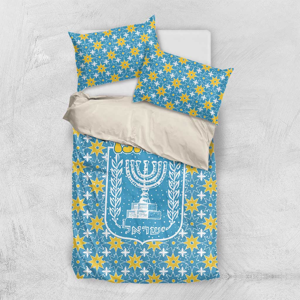 Israel Christmas Bedding Set with Blue-Yellow Star Pattern, Menorah, and Santa Motif - Wonder Print Shop