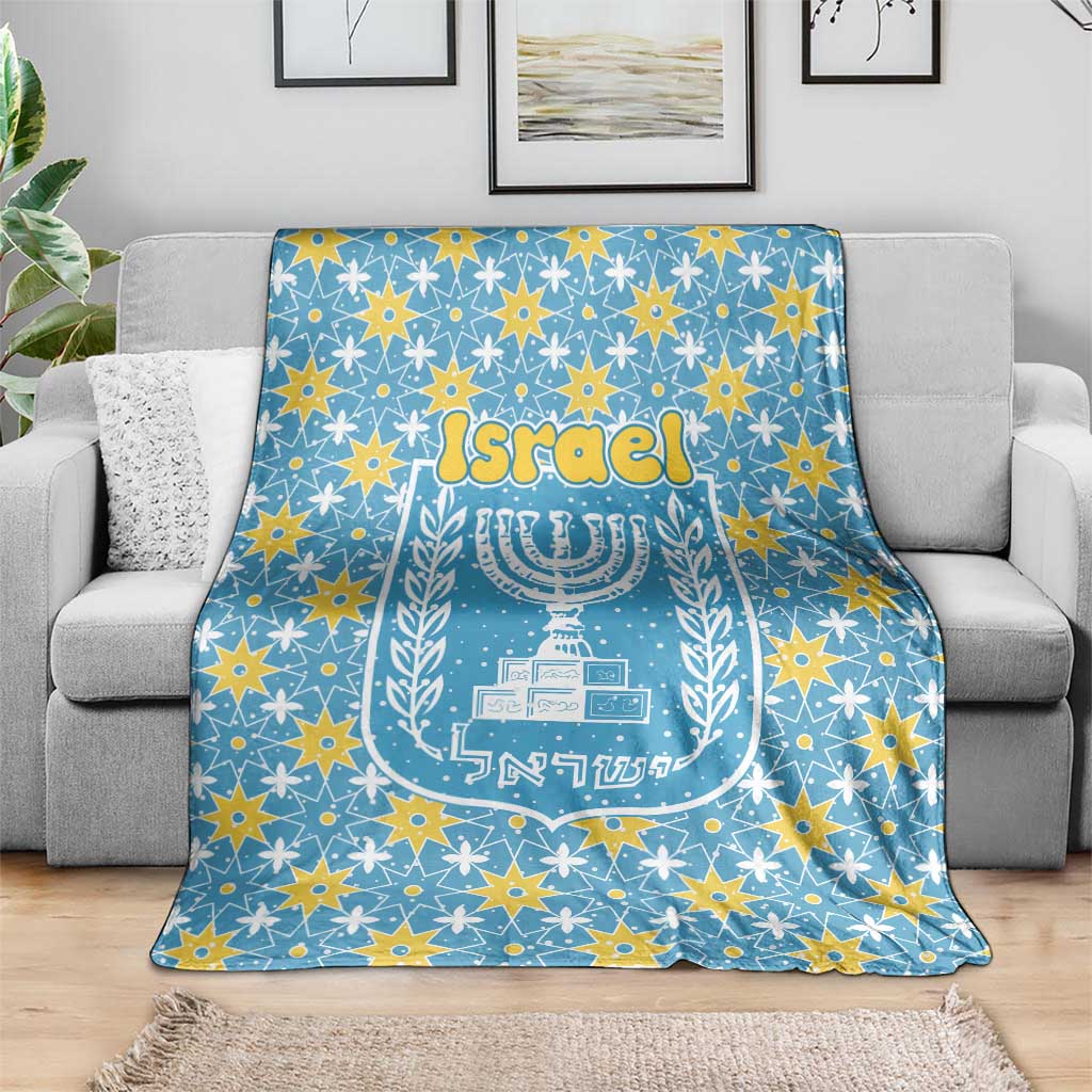 Israel Christmas Blanket with Blue-Yellow Star Pattern, Menorah, and Santa Motif - Wonder Print Shop