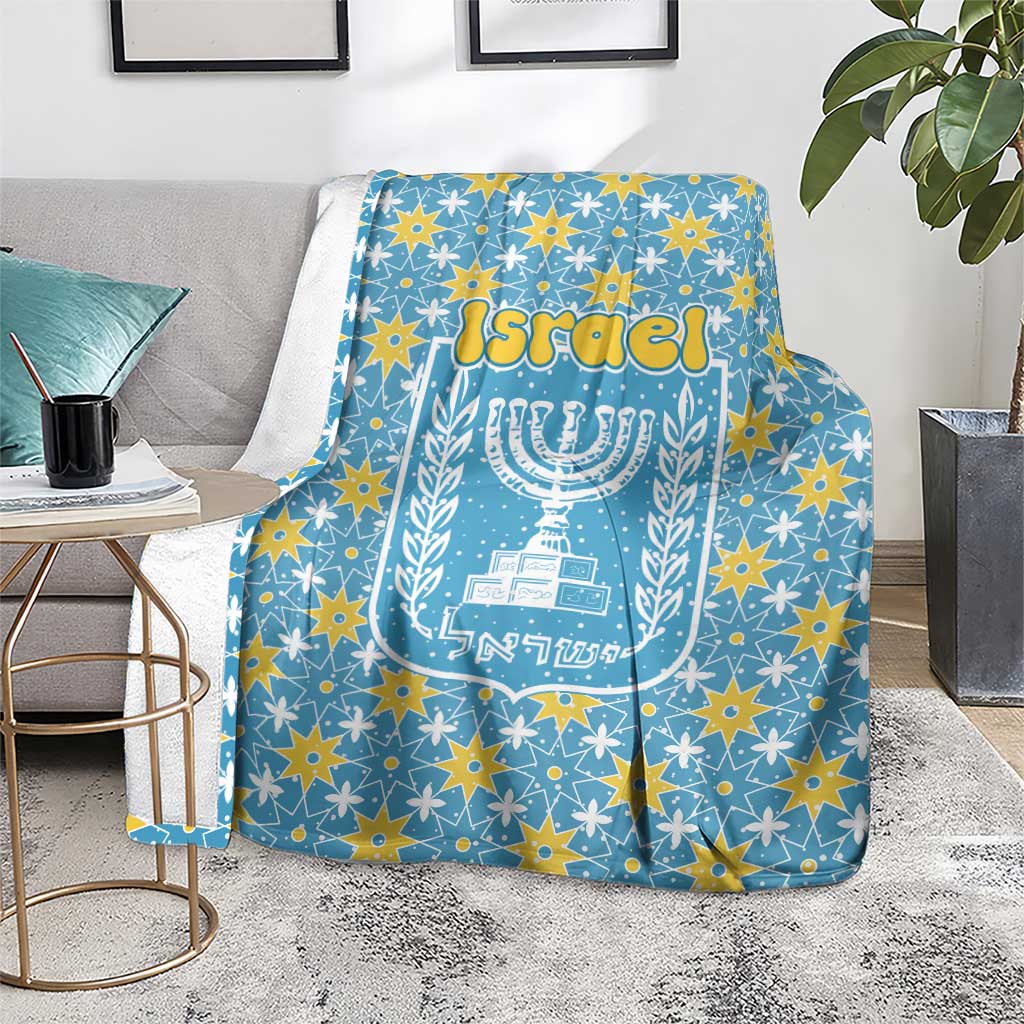 Israel Christmas Blanket with Blue-Yellow Star Pattern, Menorah, and Santa Motif - Wonder Print Shop