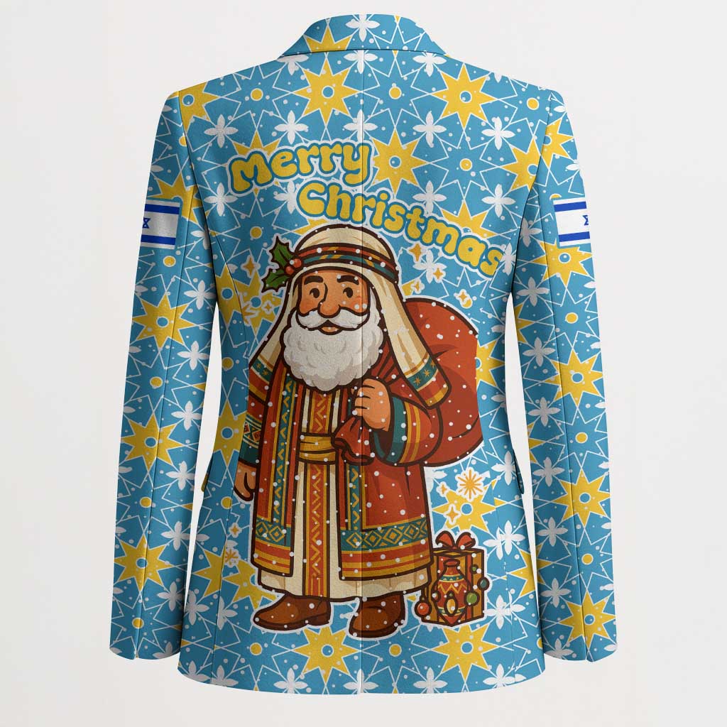 Israel Christmas Blazer with Blue-Yellow Star Pattern, Menorah, and Santa Motif - Wonder Print Shop