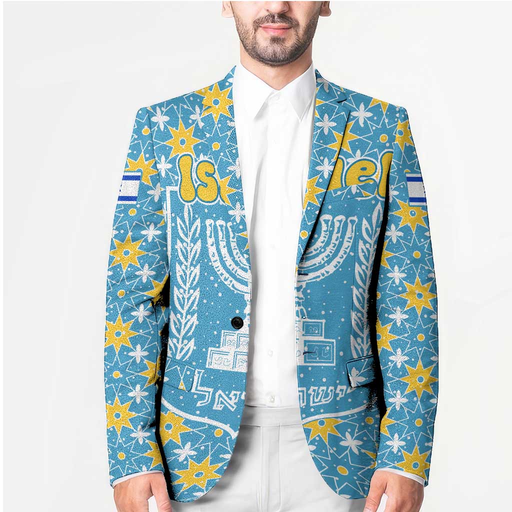 Israel Christmas Blazer with Blue-Yellow Star Pattern, Menorah, and Santa Motif - Wonder Print Shop