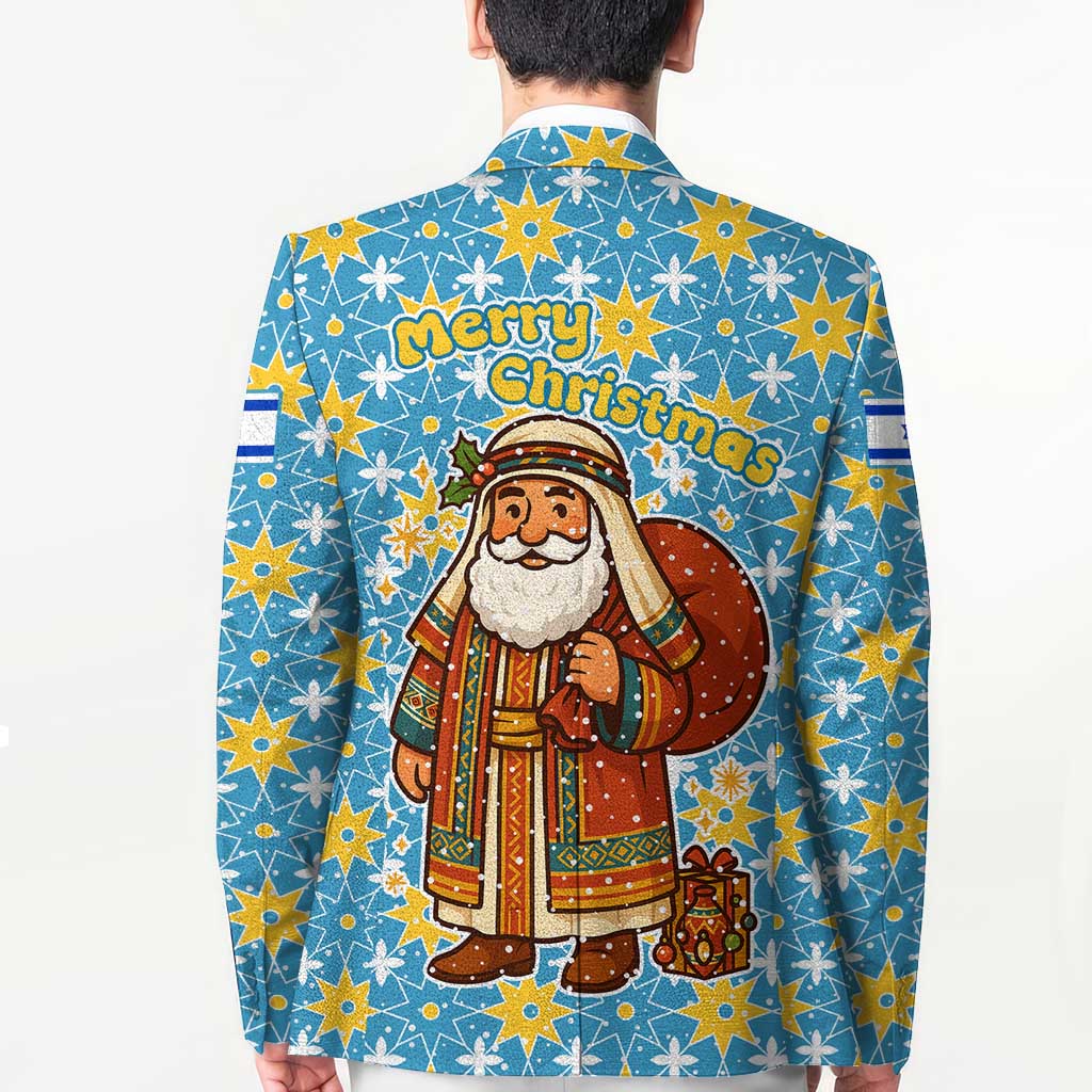 Israel Christmas Blazer with Blue-Yellow Star Pattern, Menorah, and Santa Motif - Wonder Print Shop