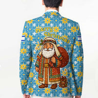 Israel Christmas Blazer with Blue-Yellow Star Pattern, Menorah, and Santa Motif - Wonder Print Shop