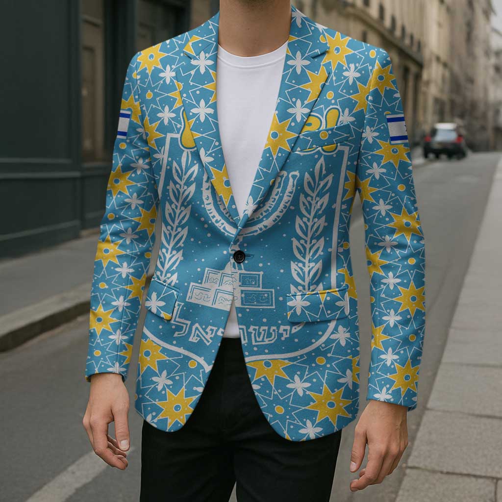 Israel Christmas Blazer with Blue-Yellow Star Pattern, Menorah, and Santa Motif - Wonder Print Shop