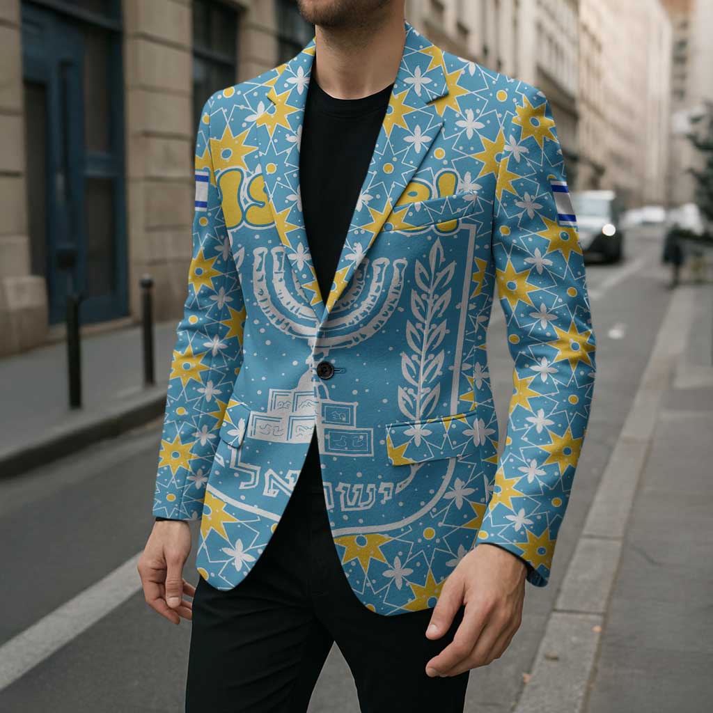 Israel Christmas Blazer with Blue-Yellow Star Pattern, Menorah, and Santa Motif - Wonder Print Shop