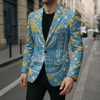 Israel Christmas Blazer with Blue-Yellow Star Pattern, Menorah, and Santa Motif - Wonder Print Shop