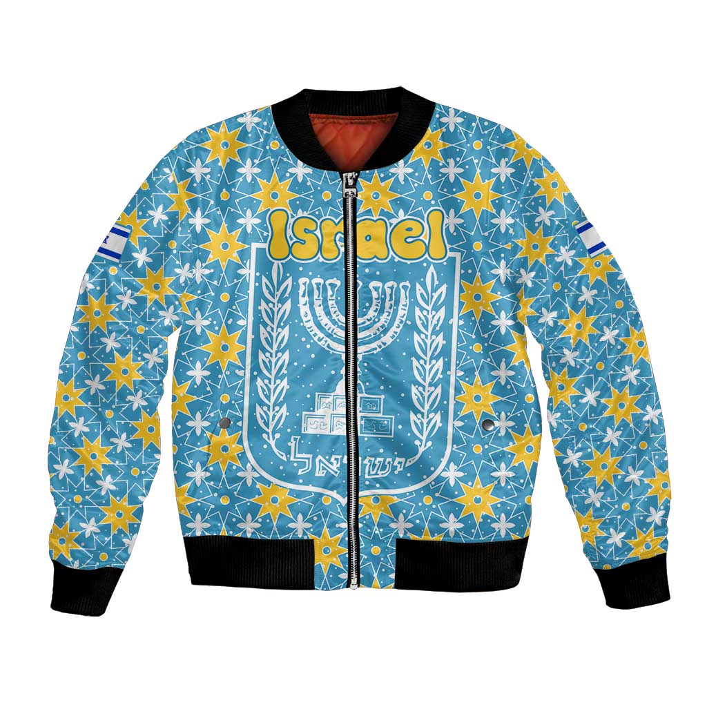 Israel Christmas Bomber Jacket with Blue-Yellow Star Pattern, Menorah, and Santa Motif - Wonder Print Shop