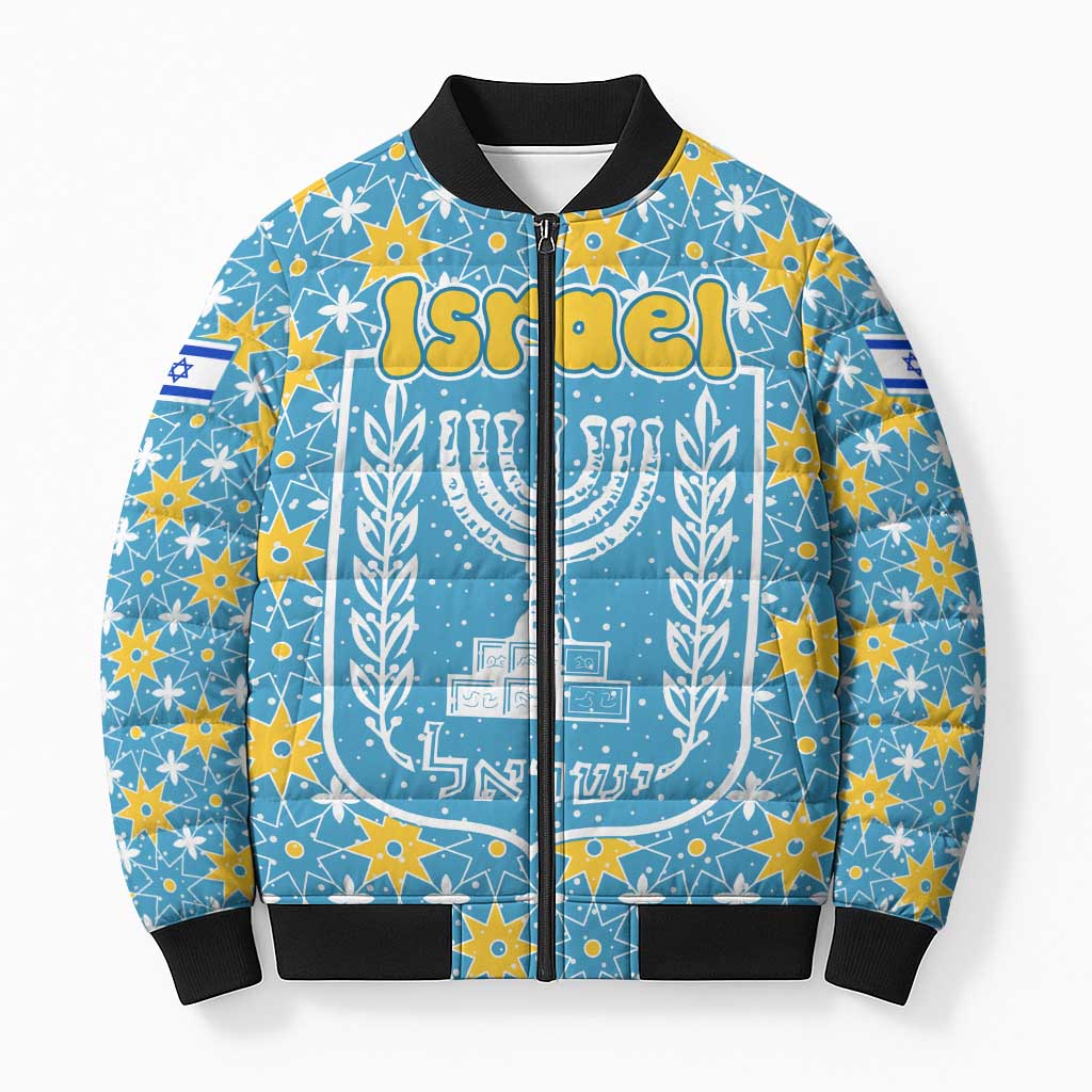 Israel Christmas Bomber Puffer Jacket with Blue-Yellow Star Pattern, Menorah, and Santa Motif - Wonder Print Shop