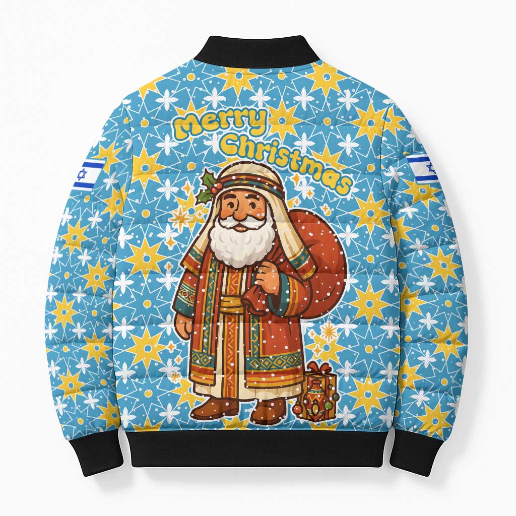 Israel Christmas Bomber Puffer Jacket with Blue-Yellow Star Pattern, Menorah, and Santa Motif - Wonder Print Shop