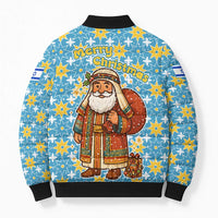 Israel Christmas Bomber Puffer Jacket with Blue-Yellow Star Pattern, Menorah, and Santa Motif - Wonder Print Shop