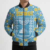Israel Christmas Bomber Puffer Jacket with Blue-Yellow Star Pattern, Menorah, and Santa Motif - Wonder Print Shop