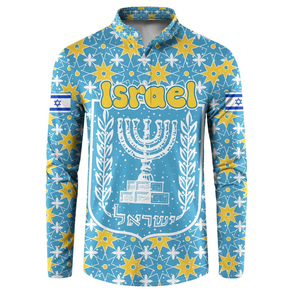 Israel Christmas Button Sweatshirt with Blue-Yellow Star Pattern, Menorah, and Santa Motif - Wonder Print Shop