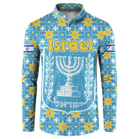 Israel Christmas Button Sweatshirt with Blue-Yellow Star Pattern, Menorah, and Santa Motif - Wonder Print Shop