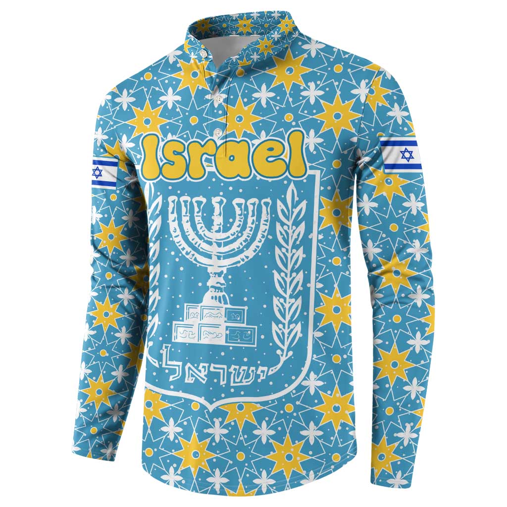 Israel Christmas Button Sweatshirt with Blue-Yellow Star Pattern, Menorah, and Santa Motif - Wonder Print Shop
